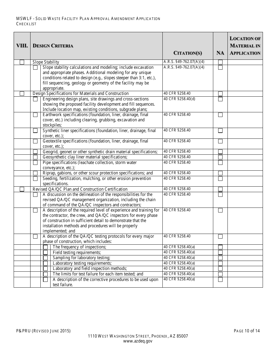 ADEQ Form PPRU Municipal Solid Waste Landfill Solid Waste Facility Plan Approval Amendment Application Checklist - Arizona, Page 11