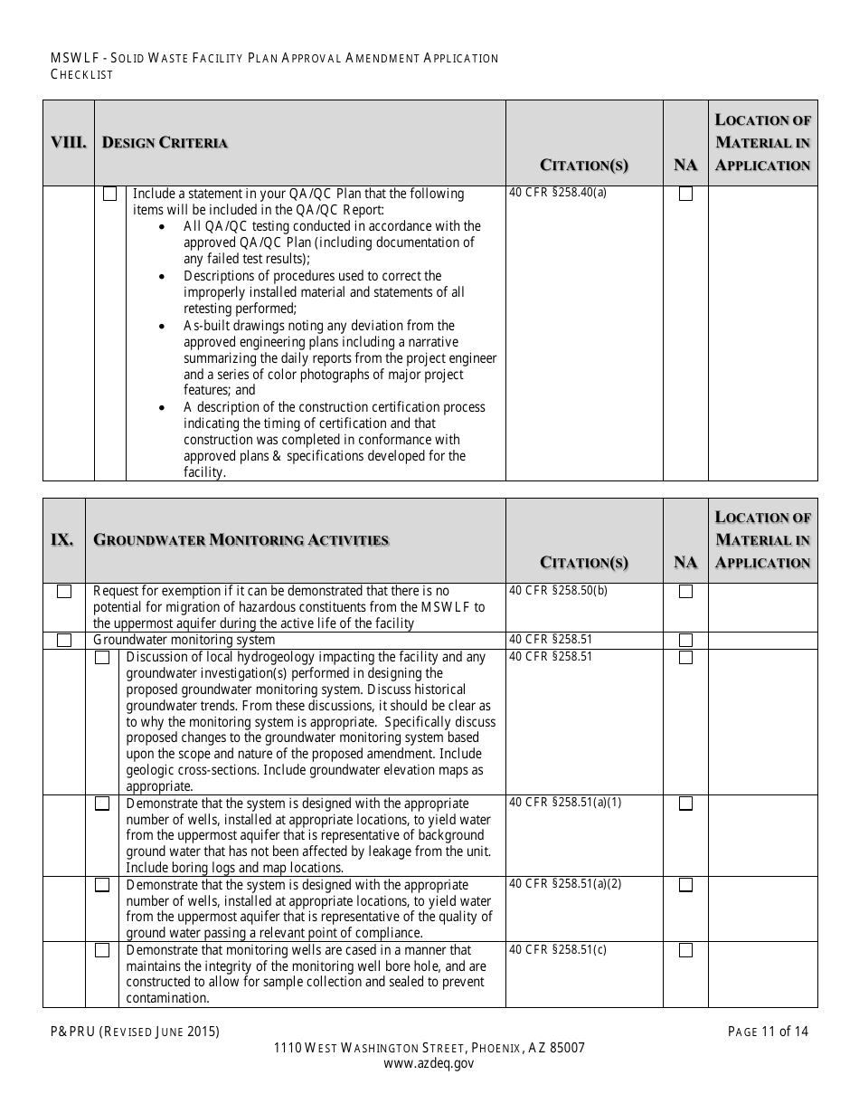 ADEQ Form PPRU Municipal Solid Waste Landfill Solid Waste Facility Plan Approval Amendment Application Checklist - Arizona, Page 12