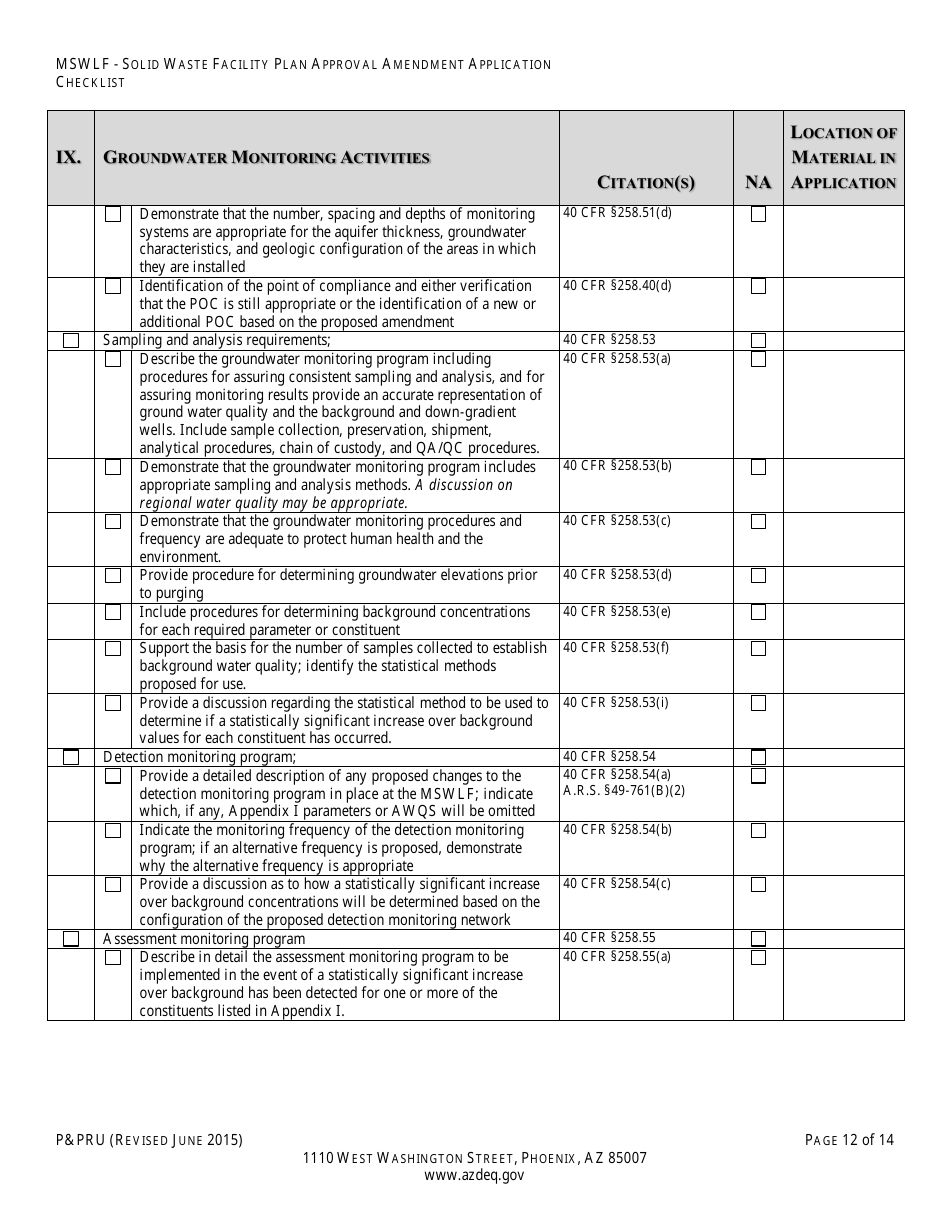ADEQ Form PPRU Municipal Solid Waste Landfill Solid Waste Facility Plan Approval Amendment Application Checklist - Arizona, Page 13