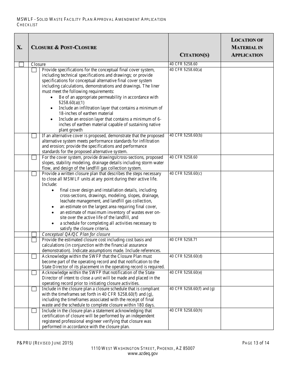 ADEQ Form PPRU Municipal Solid Waste Landfill Solid Waste Facility Plan Approval Amendment Application Checklist - Arizona, Page 14