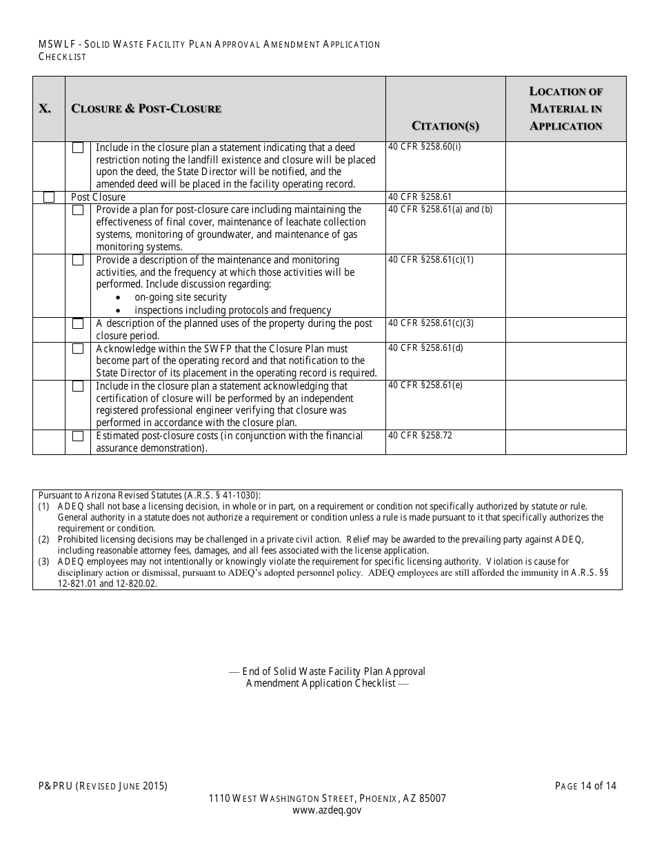 ADEQ Form PPRU Municipal Solid Waste Landfill Solid Waste Facility Plan Approval Amendment Application Checklist - Arizona, Page 15