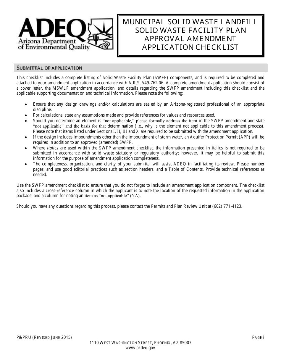 ADEQ Form PPRU Municipal Solid Waste Landfill Solid Waste Facility Plan Approval Amendment Application Checklist - Arizona, Page 1