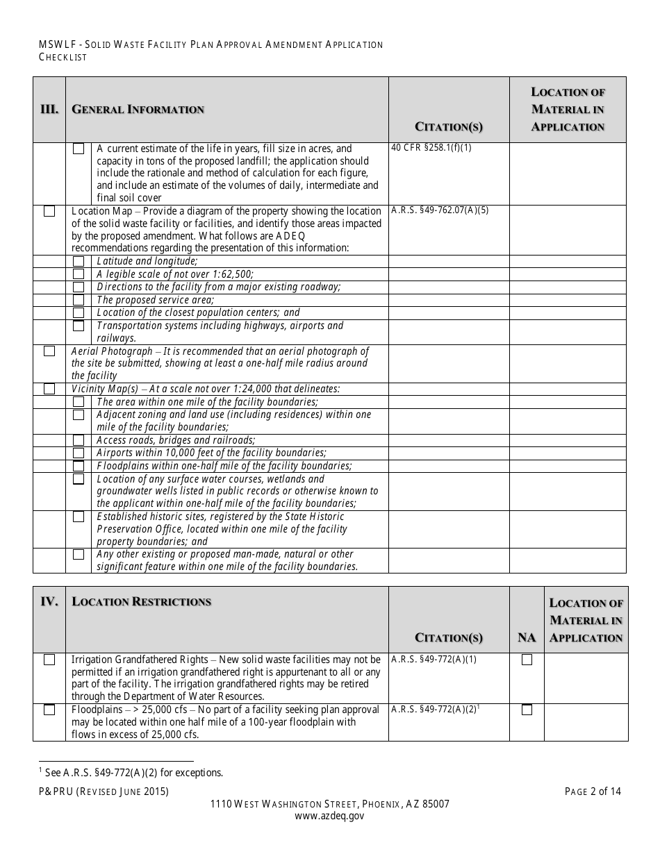 ADEQ Form PPRU Municipal Solid Waste Landfill Solid Waste Facility Plan Approval Amendment Application Checklist - Arizona, Page 3