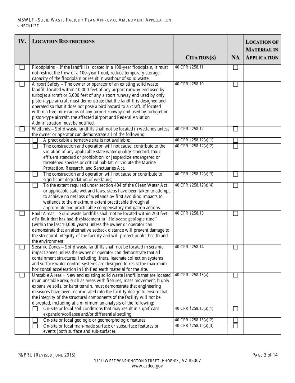 ADEQ Form PPRU Municipal Solid Waste Landfill Solid Waste Facility Plan Approval Amendment Application Checklist - Arizona, Page 4