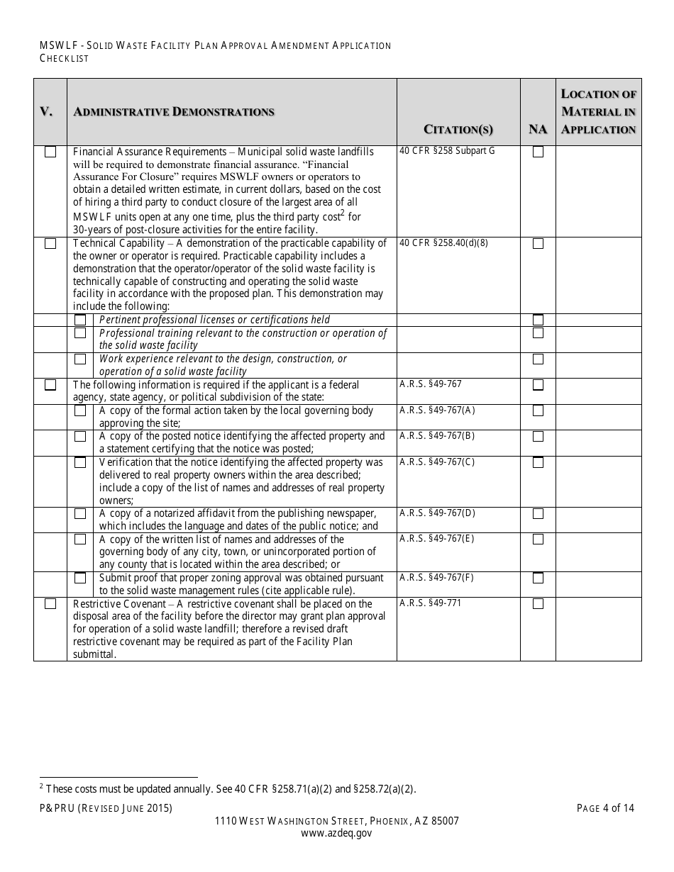 ADEQ Form PPRU Municipal Solid Waste Landfill Solid Waste Facility Plan Approval Amendment Application Checklist - Arizona, Page 5