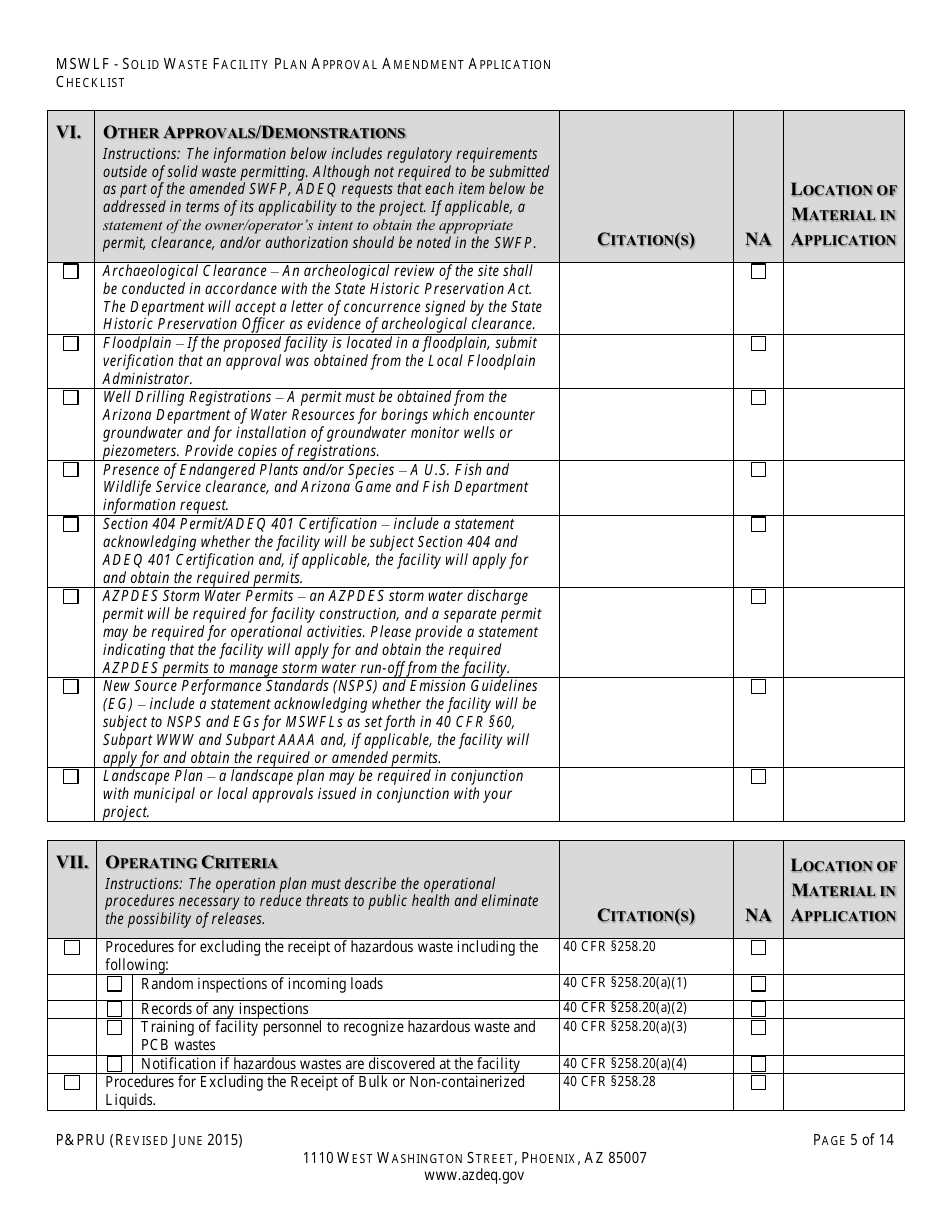 ADEQ Form PPRU Municipal Solid Waste Landfill Solid Waste Facility Plan Approval Amendment Application Checklist - Arizona, Page 6