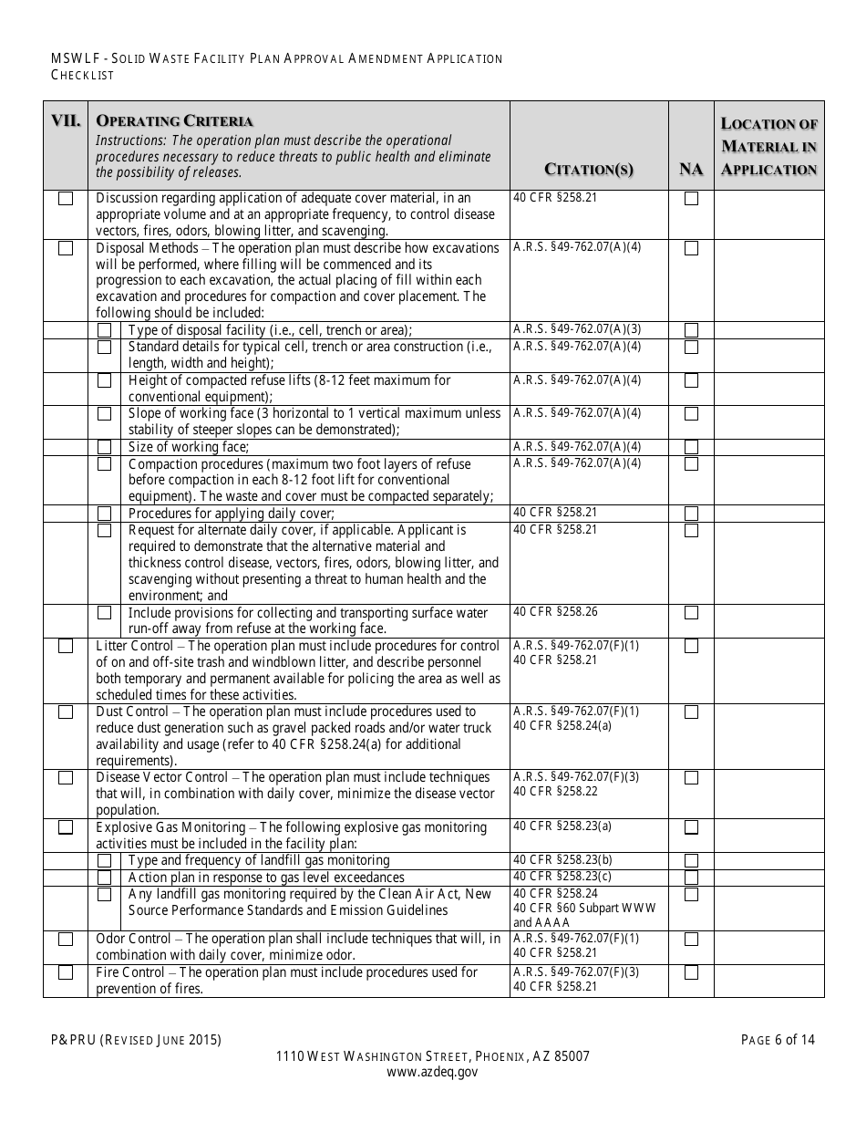 ADEQ Form PPRU Municipal Solid Waste Landfill Solid Waste Facility Plan Approval Amendment Application Checklist - Arizona, Page 7