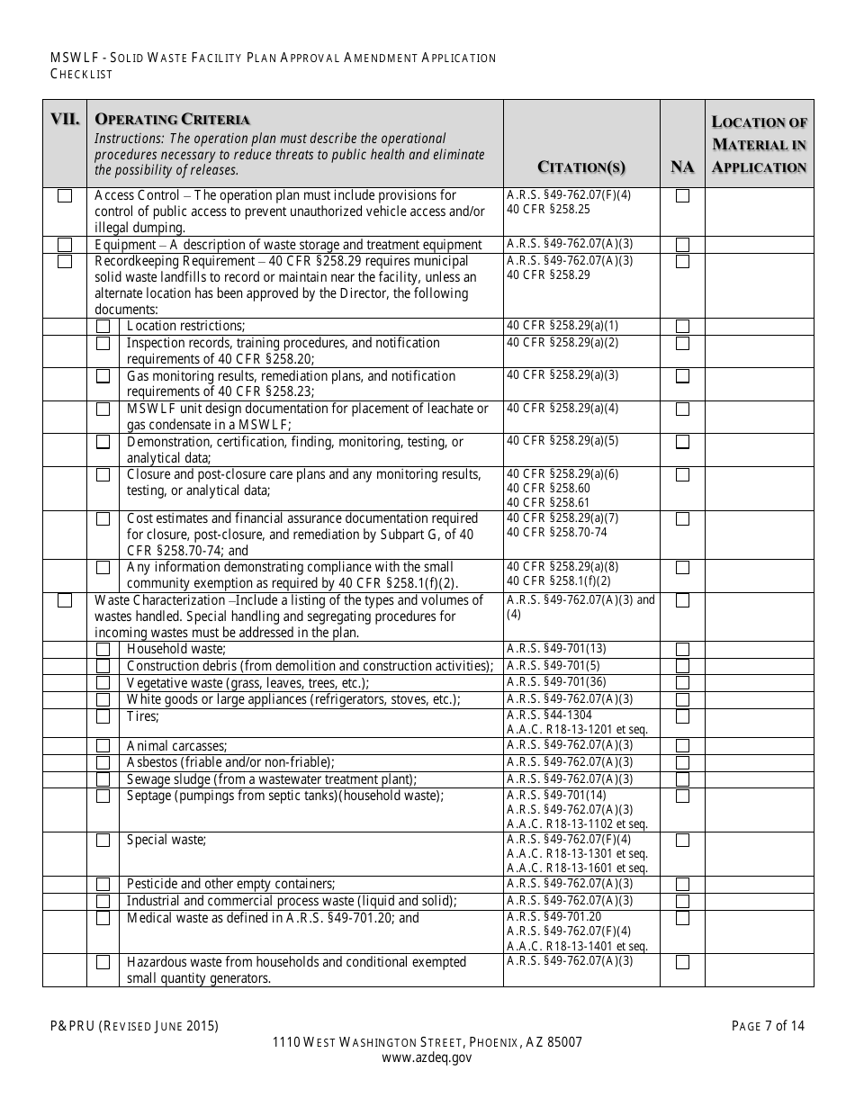 ADEQ Form PPRU Municipal Solid Waste Landfill Solid Waste Facility Plan Approval Amendment Application Checklist - Arizona, Page 8
