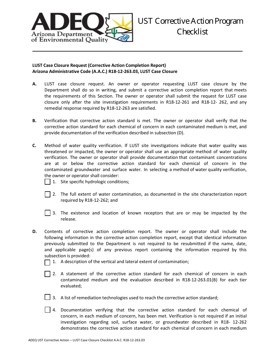 Ust Corrective Action - Lust Case Closure Checklist - Arizona, Page 1