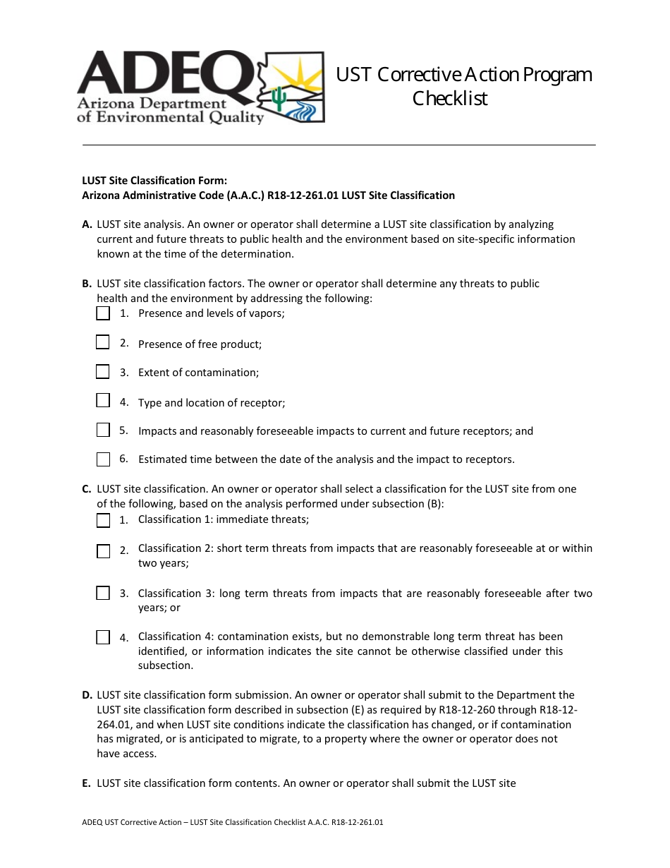 Ust Corrective Action - Lust Site Classification Checklist - Arizona, Page 1
