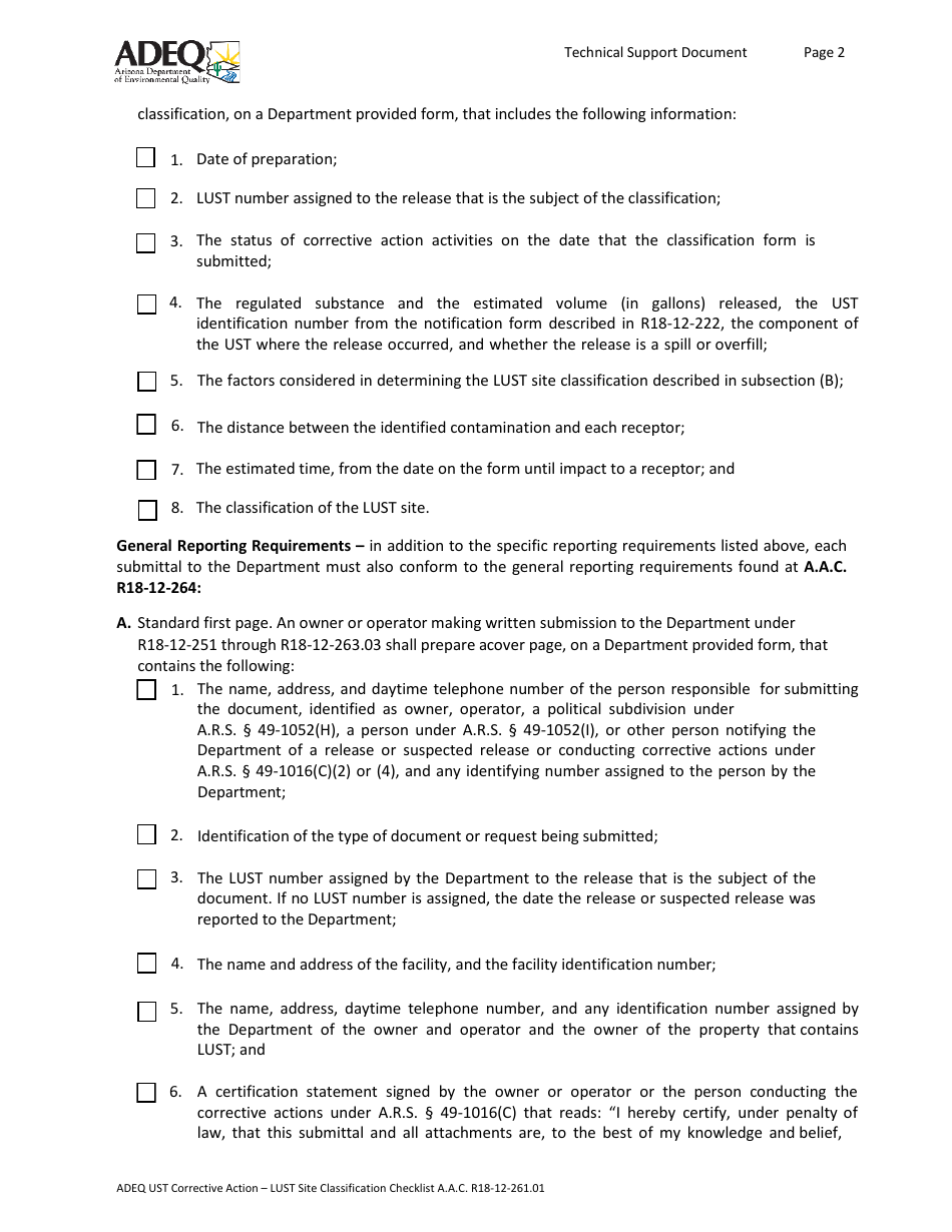 Ust Corrective Action - Lust Site Classification Checklist - Arizona, Page 2