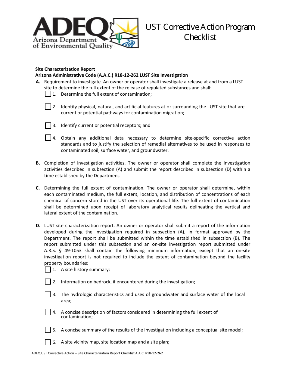 Ust Corrective Action - Site Characterization Report Checklist - Arizona, Page 1