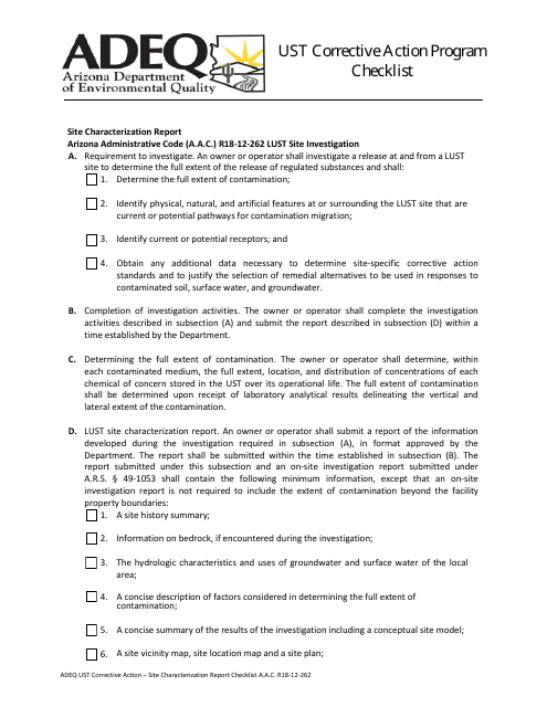 Ust Corrective Action - Site Characterization Report Checklist - Arizona