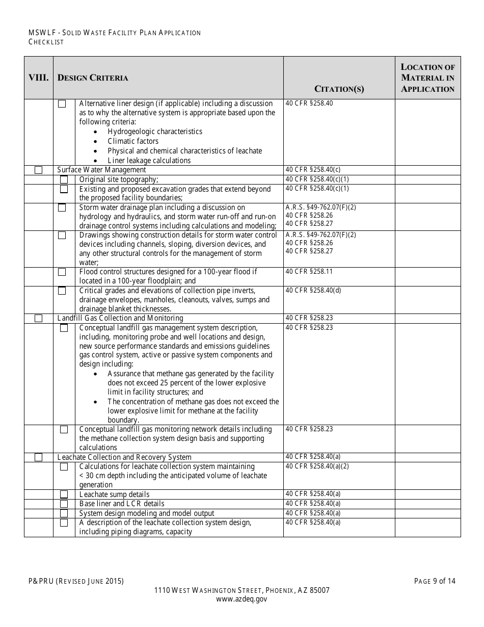 ADEQ Form PPRU Municipal Solid Waste Landfill Solid Waste Facility Plan Application Checklist - Arizona, Page 10