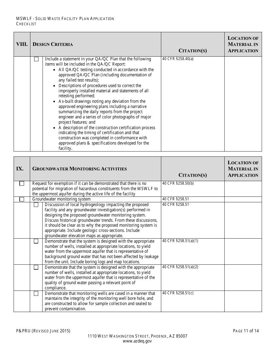 ADEQ Form PPRU Municipal Solid Waste Landfill Solid Waste Facility Plan Application Checklist - Arizona, Page 12