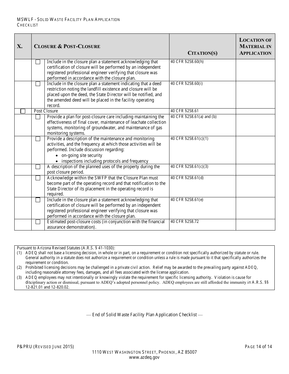 ADEQ Form PPRU Municipal Solid Waste Landfill Solid Waste Facility Plan Application Checklist - Arizona, Page 15