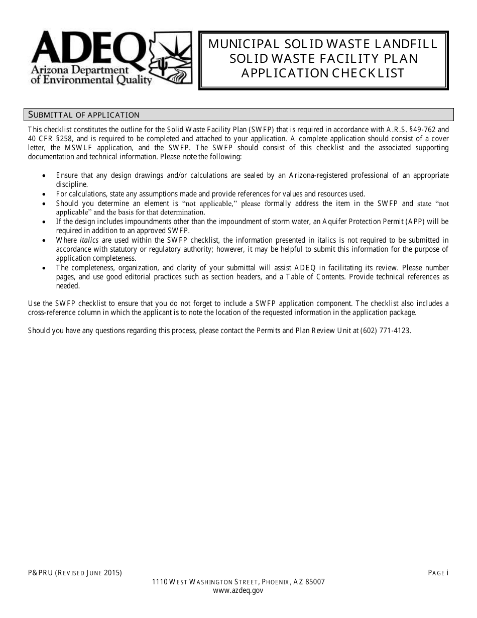ADEQ Form PPRU Municipal Solid Waste Landfill Solid Waste Facility Plan Application Checklist - Arizona, Page 1