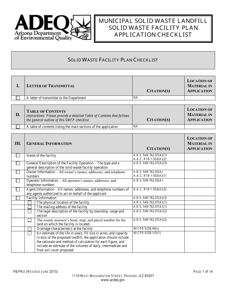 ADEQ Form PPRU Municipal Solid Waste Landfill Solid Waste Facility Plan Application Checklist - Arizona, Page 2