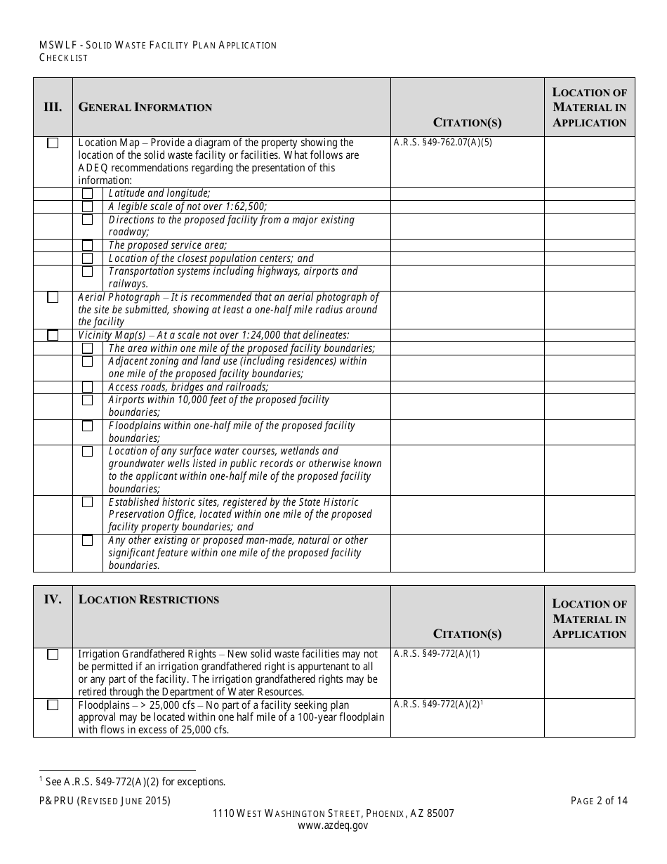 ADEQ Form PPRU Municipal Solid Waste Landfill Solid Waste Facility Plan Application Checklist - Arizona, Page 3