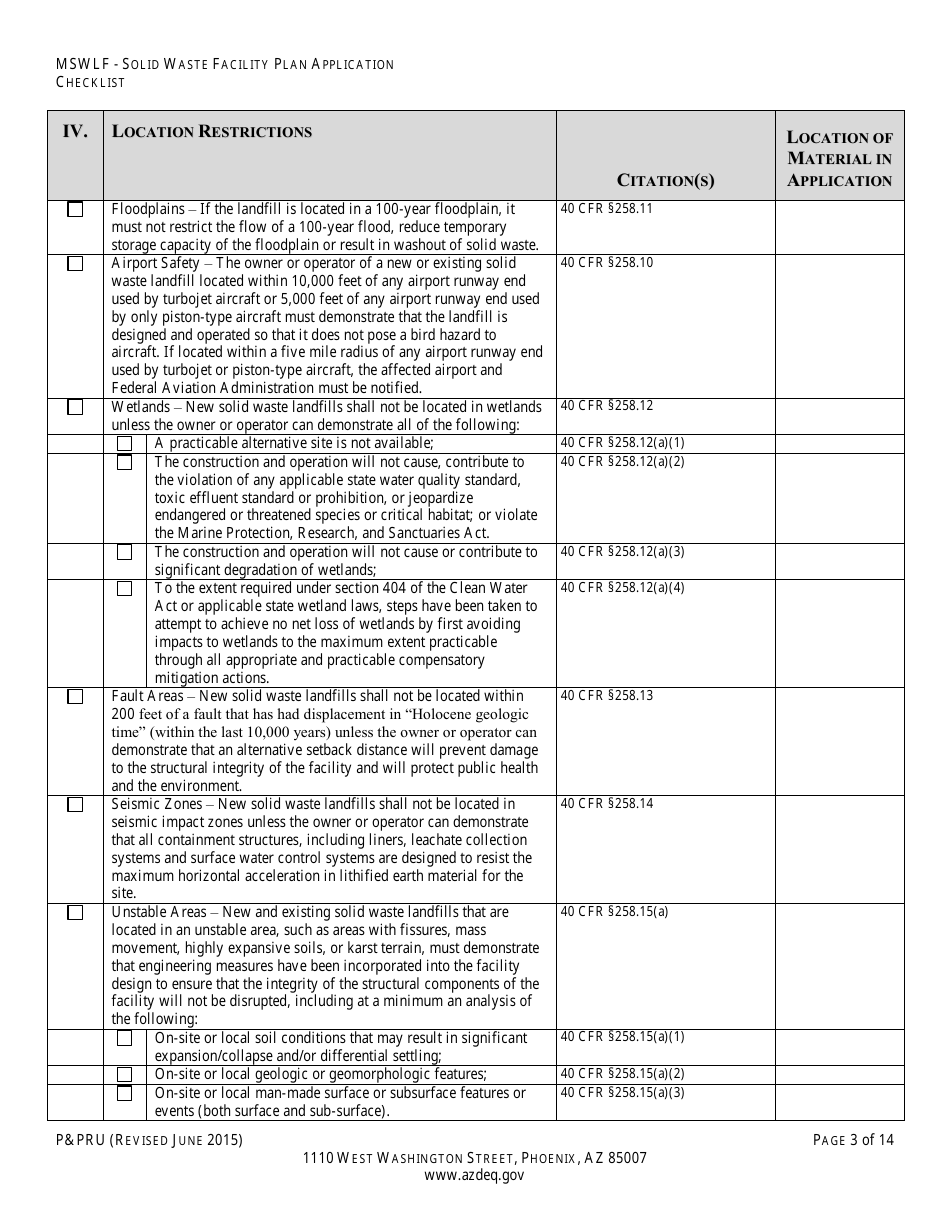 ADEQ Form PPRU Municipal Solid Waste Landfill Solid Waste Facility Plan Application Checklist - Arizona, Page 4