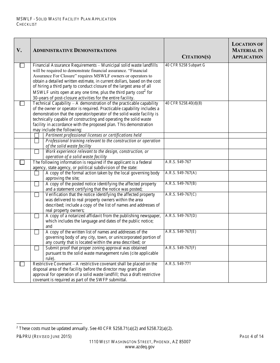 ADEQ Form PPRU Municipal Solid Waste Landfill Solid Waste Facility Plan Application Checklist - Arizona, Page 5