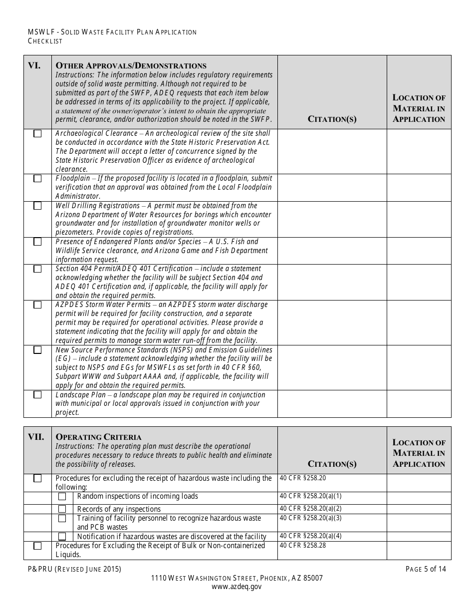 ADEQ Form PPRU Municipal Solid Waste Landfill Solid Waste Facility Plan Application Checklist - Arizona, Page 6