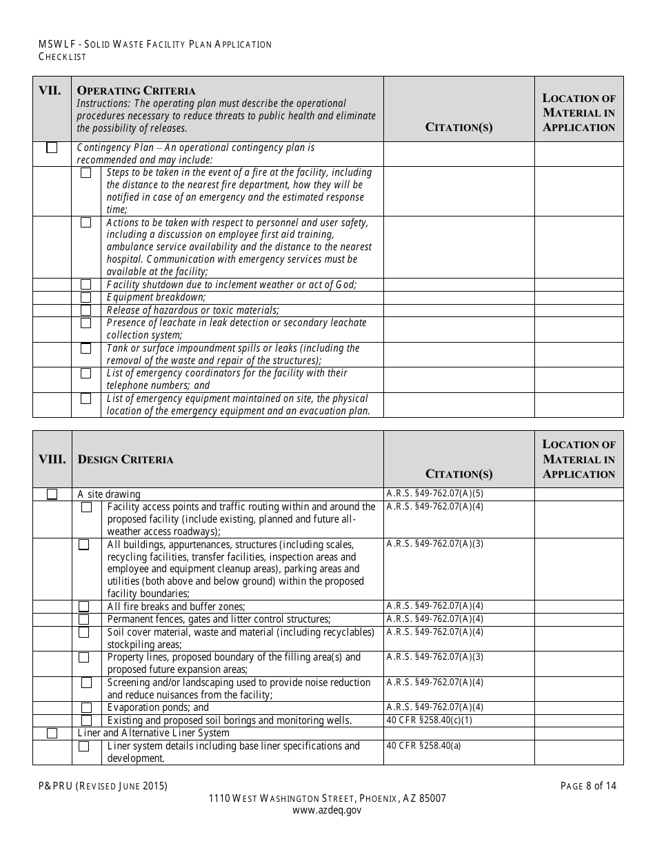 ADEQ Form PPRU Municipal Solid Waste Landfill Solid Waste Facility Plan Application Checklist - Arizona, Page 9