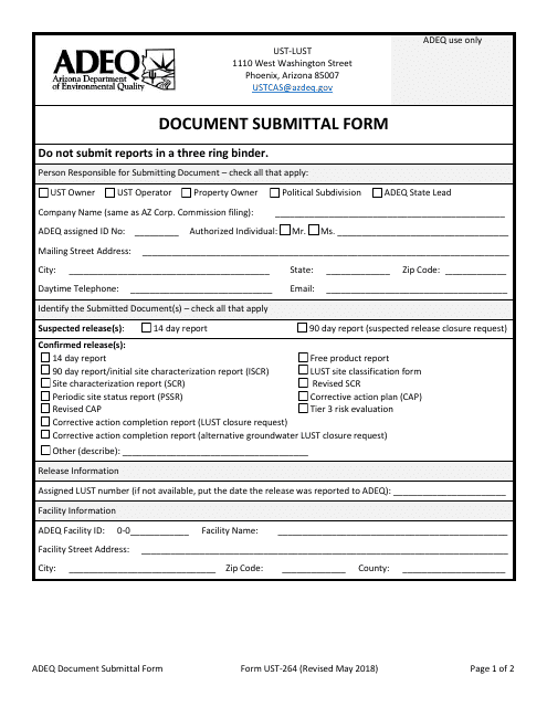 ADEQ Form UST-264 Document Submittal Form - Arizona