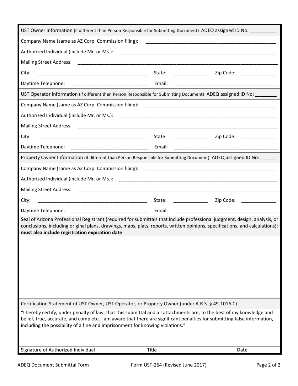 ADEQ Form UST-264 Document Submittal Form - Arizona, Page 2