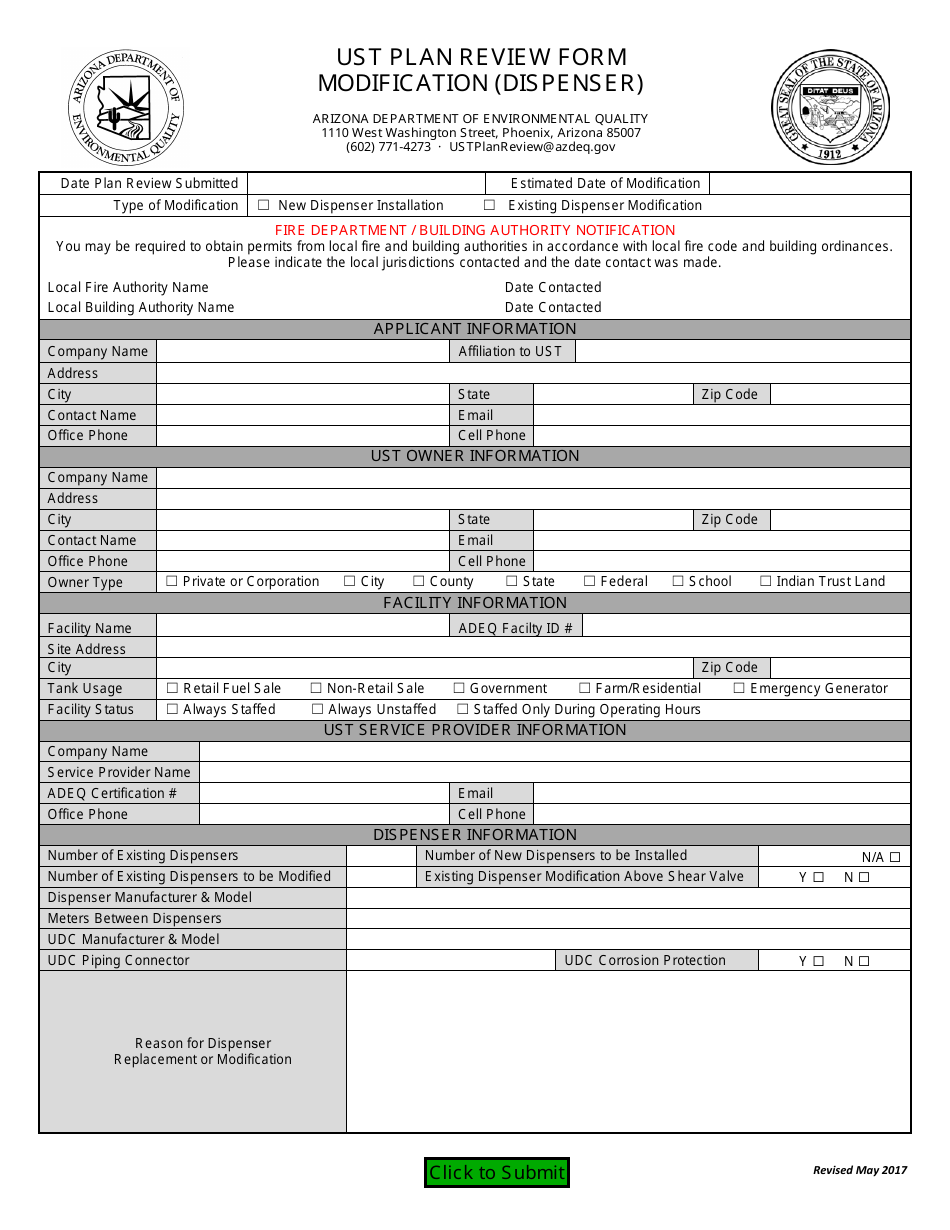 Ust Plan Review Form - Modification (Dispenser) - Arizona, Page 1