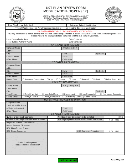 Ust Plan Review Form - Modification (Dispenser) - Arizona