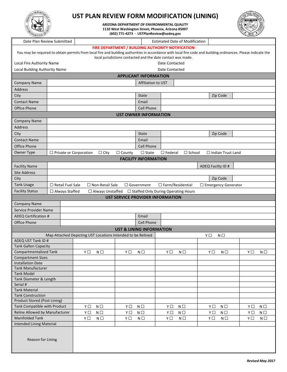 Ust Plan Review Form - Modification (Lining) - Arizona, Page 1