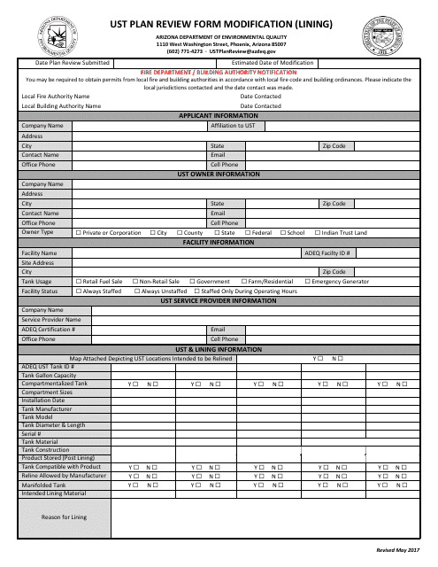 Ust Plan Review Form - Modification (Lining) - Arizona Download Pdf