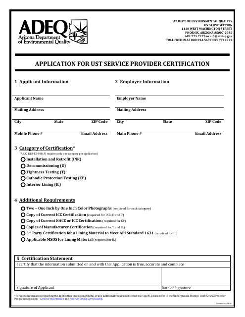 Application Form for Ust Service Provider Certification - Arizona Download Pdf