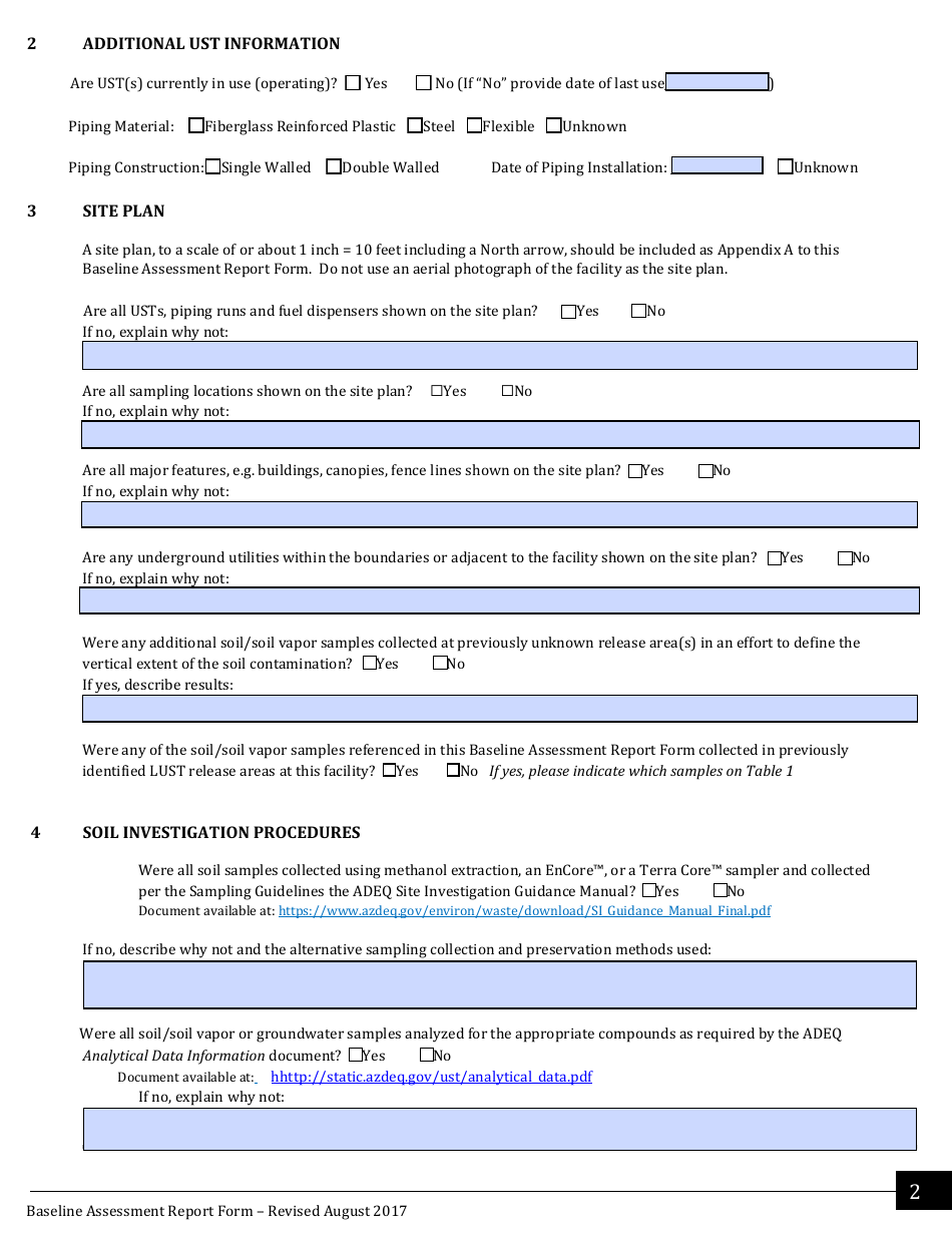 Underground Storage Tank (Ust) Baseline Assessment Report Form - Arizona, Page 2