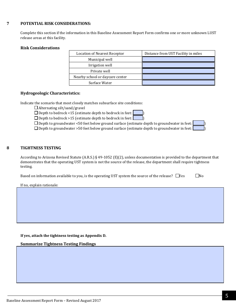 Underground Storage Tank (Ust) Baseline Assessment Report Form - Arizona, Page 5