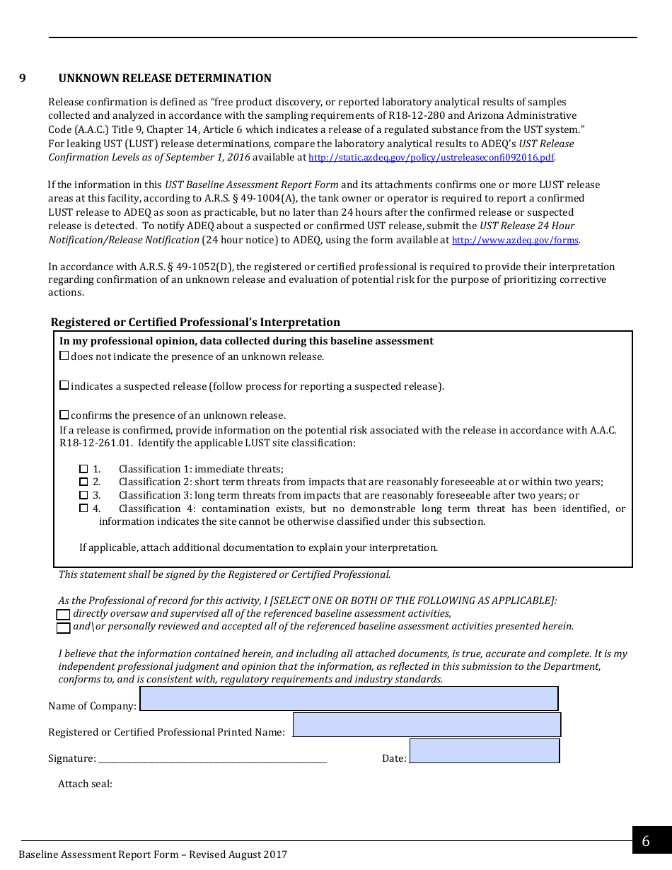 Underground Storage Tank (Ust) Baseline Assessment Report Form - Arizona, Page 6