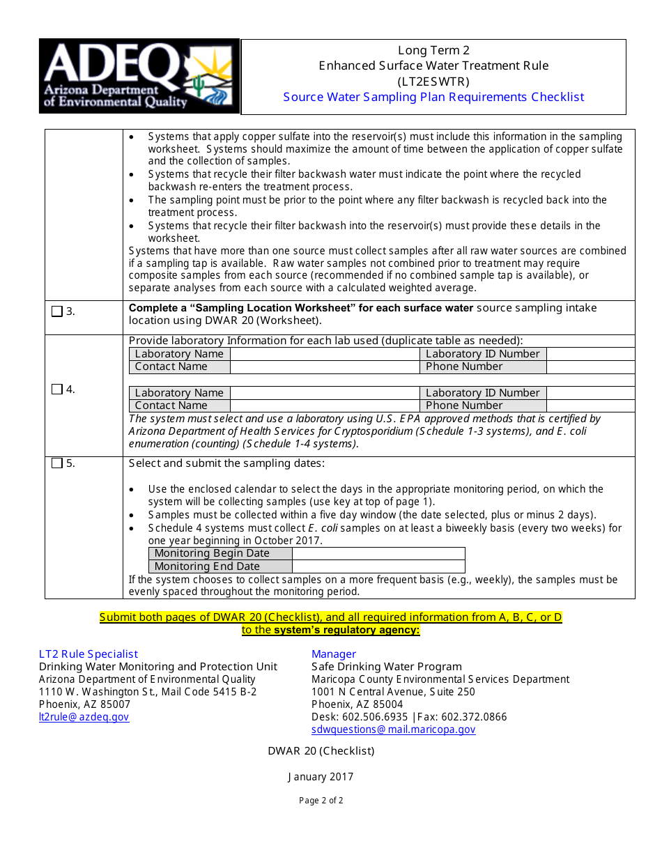 ADEQ Form DWAR20 (CHECKLIST) Source Water Sampling Plan Requirements Checklist - Long Term 2 Enhanced Surface Water Treatment Rule - Arizona, Page 2