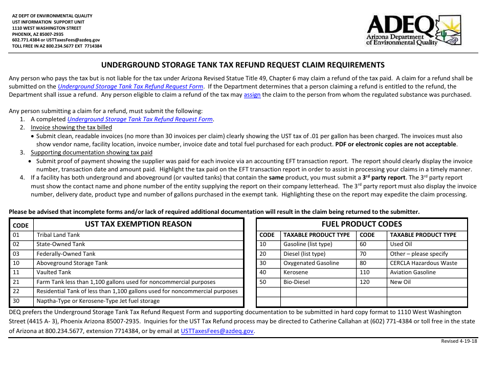 Underground Storage Tank Tax Refund Request Form - Arizona, Page 1