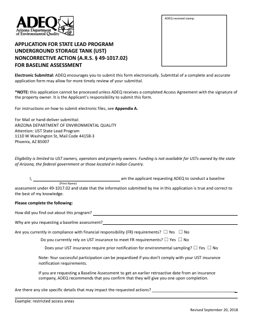 Application Form for Ust Noncorrective Action for Baseline Assessment - State Lead Program - Arizona Download Pdf