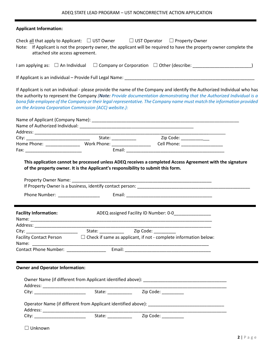 Application Form for Ust Noncorrective Action for Baseline Assessment - State Lead Program - Arizona, Page 2