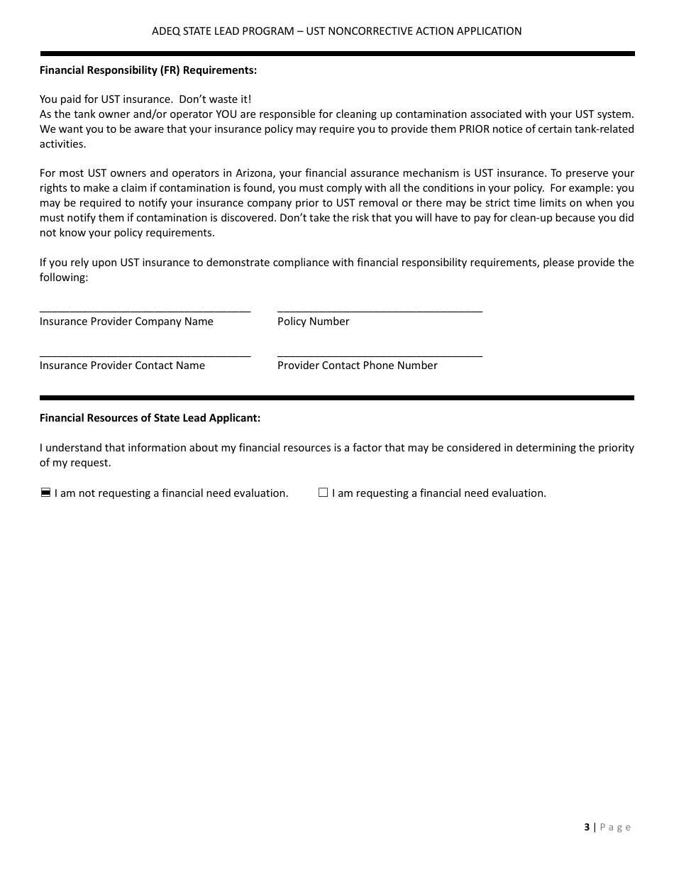 Application Form for Ust Noncorrective Action for Baseline Assessment - State Lead Program - Arizona, Page 3