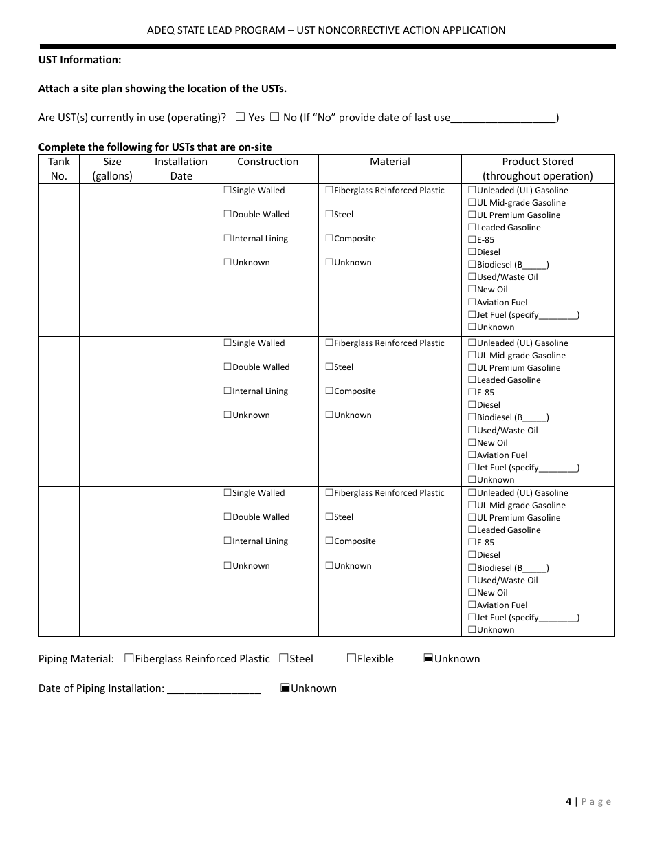 Application Form for Ust Noncorrective Action for Baseline Assessment - State Lead Program - Arizona, Page 4