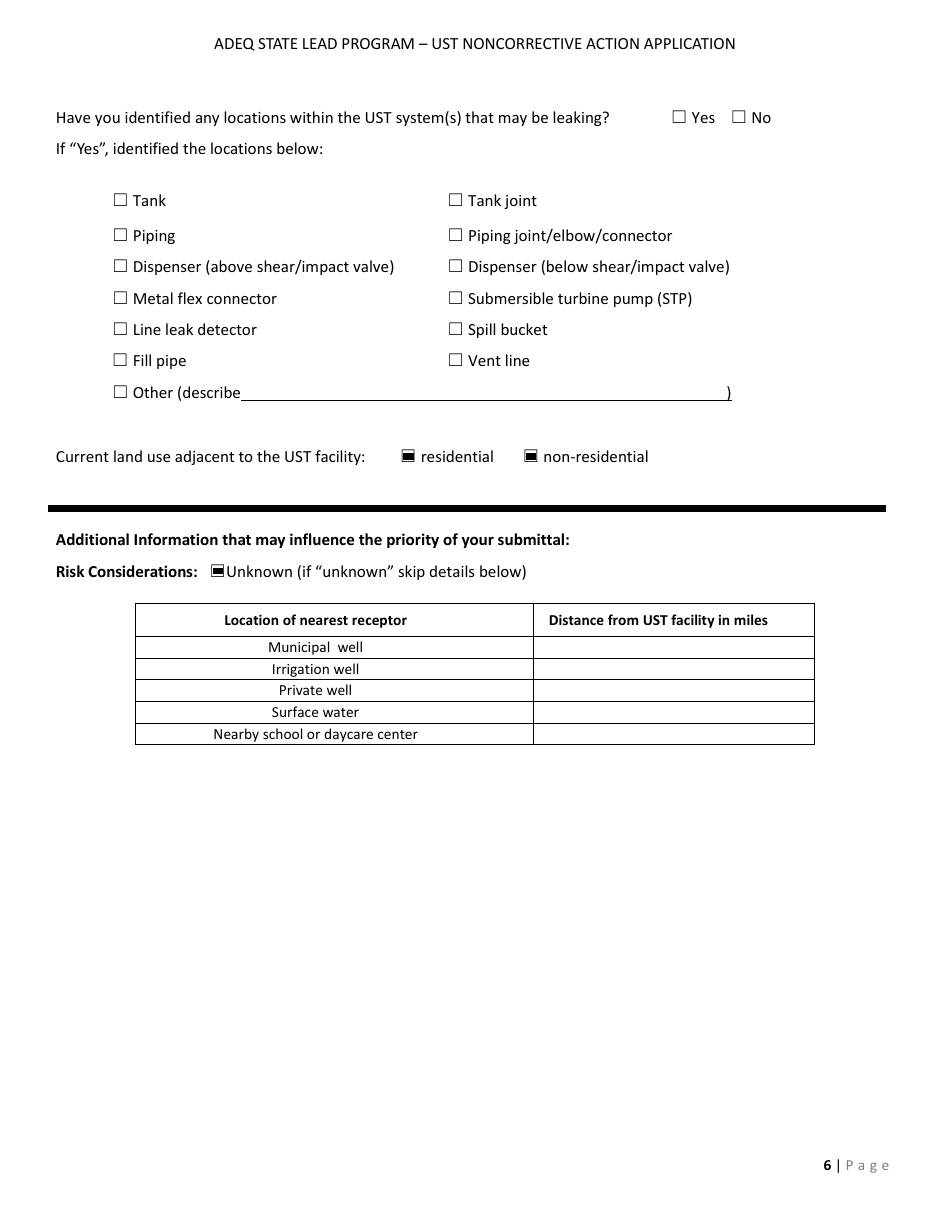 Application Form for Ust Noncorrective Action for Baseline Assessment - State Lead Program - Arizona, Page 6