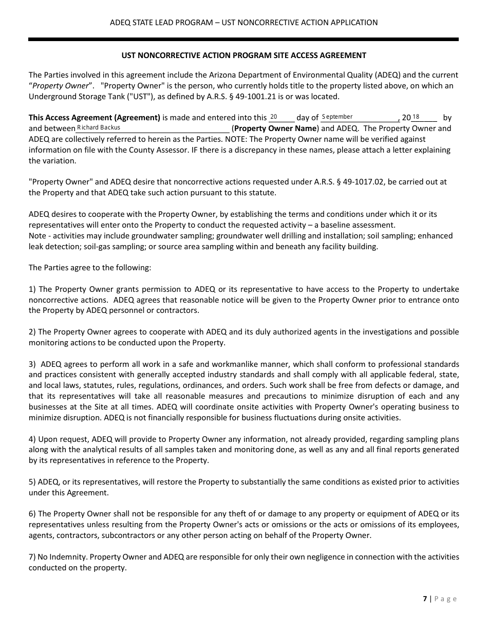 Application Form for Ust Noncorrective Action for Baseline Assessment - State Lead Program - Arizona, Page 7