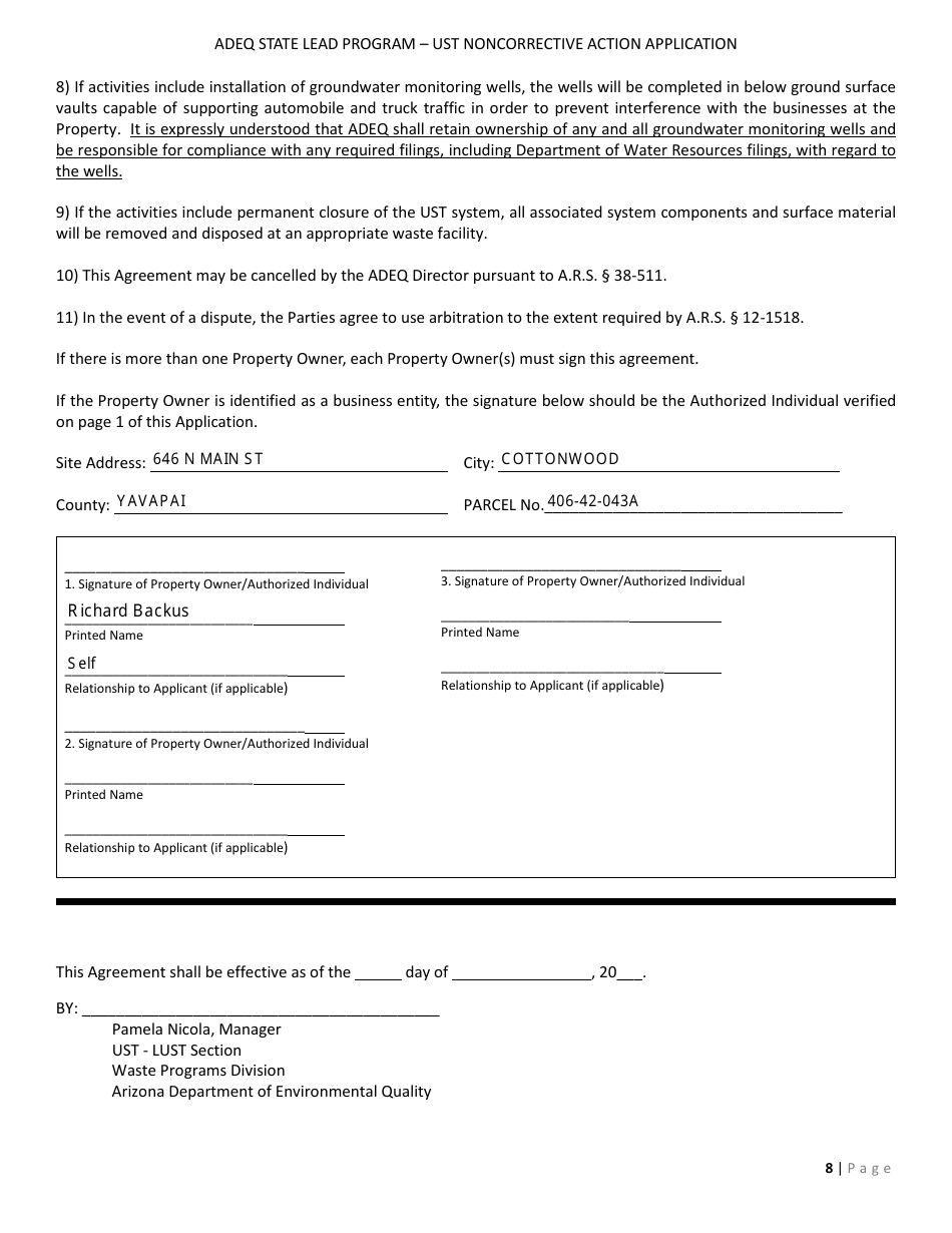 Application Form for Ust Noncorrective Action for Baseline Assessment - State Lead Program - Arizona, Page 8