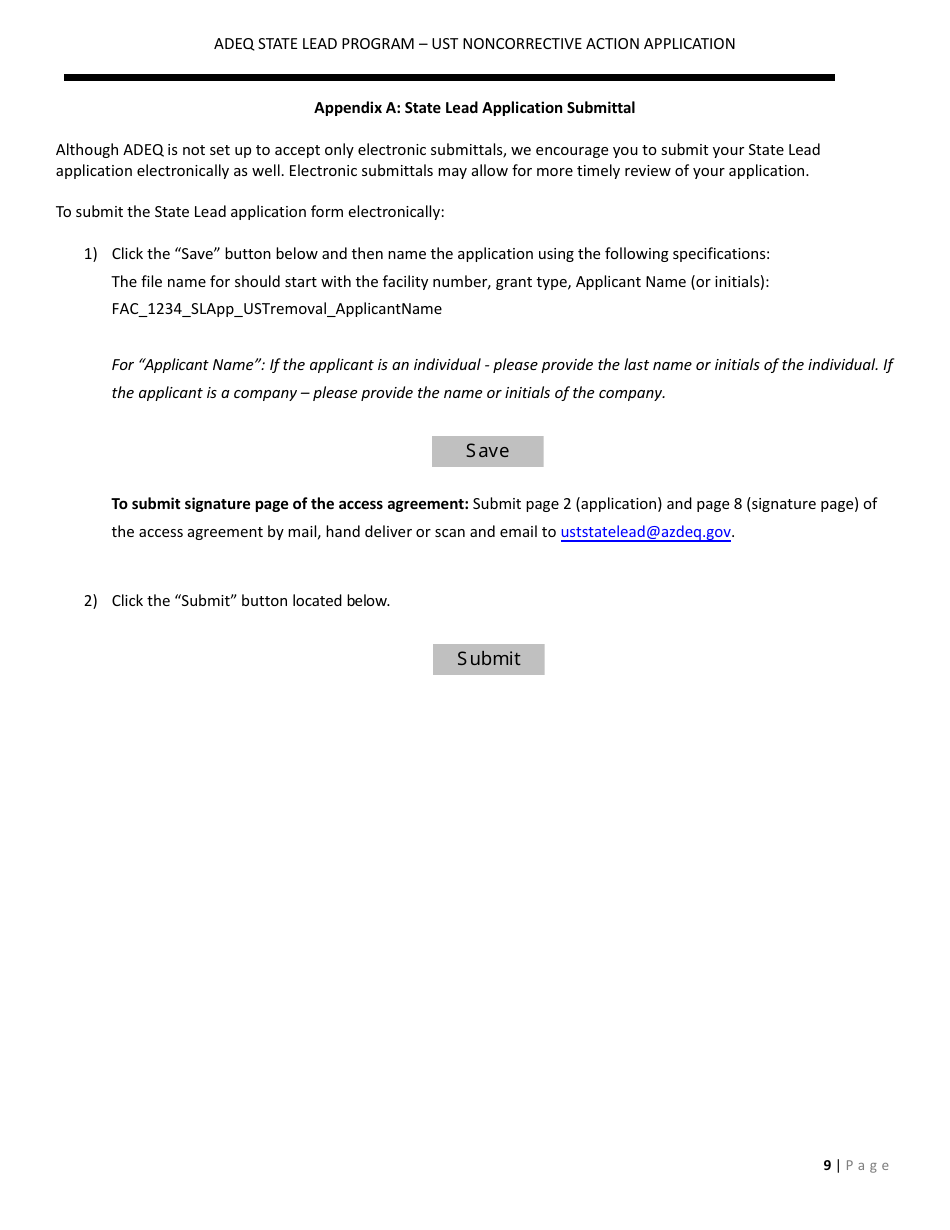 Application Form for Ust Noncorrective Action for Baseline Assessment - State Lead Program - Arizona, Page 9