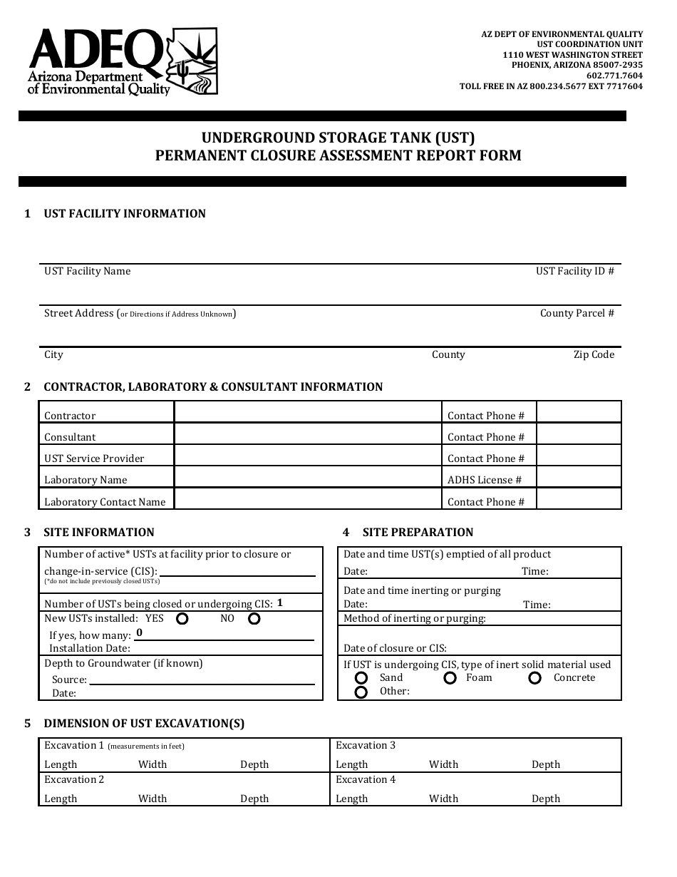 Ust Permanent Closure Assessment Report Form - Arizona, Page 1