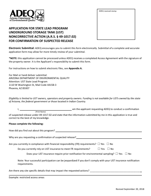 Application Form for Ust Noncorrective Action for Confirmation of Suspected Release - State Lead Program - Arizona Download Pdf
