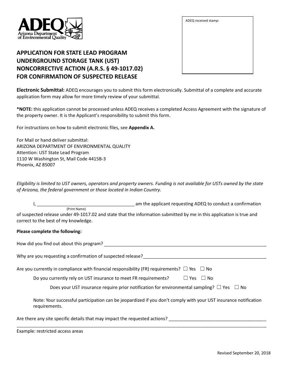 Application Form for Ust Noncorrective Action for Confirmation of Suspected Release - State Lead Program - Arizona, Page 1